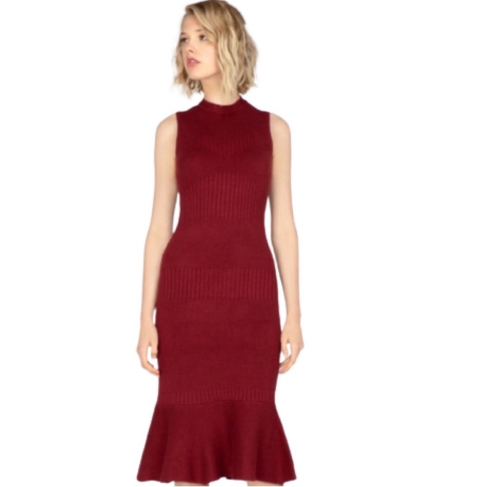 Adelyn Rae Sleeveless Knit Midi Dress, burgundy, flounce hem, SzS